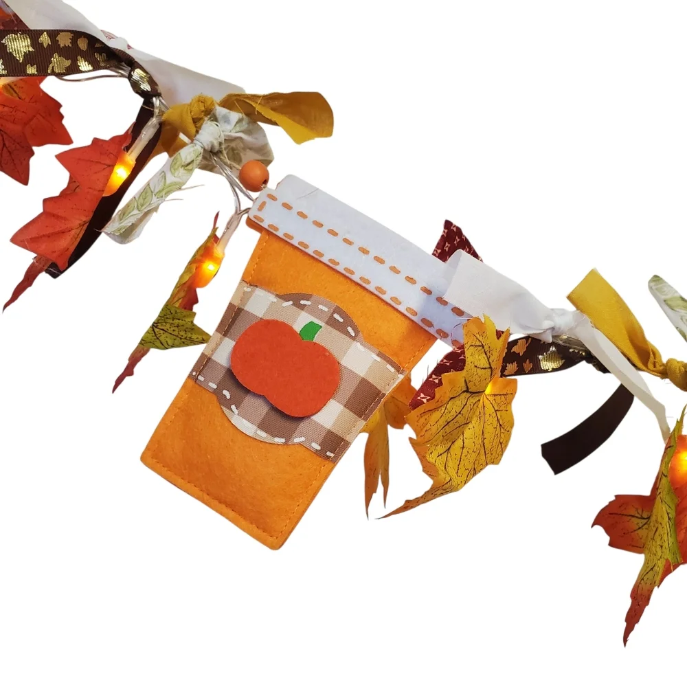NWOT Autumn LED Lighted Garland with Latte Pumpkin Cups Banner